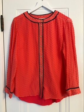 Sail to Sable Silk Blend Coral Swiss Dot Button-Front Blouse with Navy Trim